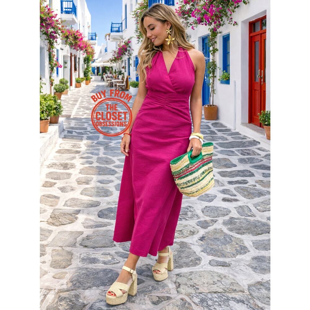 Zara Magenta Linen Blend Halter Midi Dress Open Back Vacation Dress NWT M